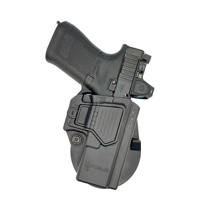 GL PRO FUNDA DERECHA DE NIVEL II PASIVA Y ACTIVA CON PALETA Y CINTURÓN PARA GLOCK 17, 19, 26, 45, 47, EMTAN RAMON MARCA FOBUS