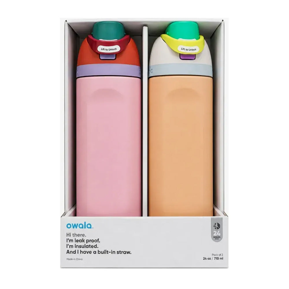 PAQUETE DE 2 TERMOS OWALA FREESIP DE ACERO 710ML ROSA Y MELON