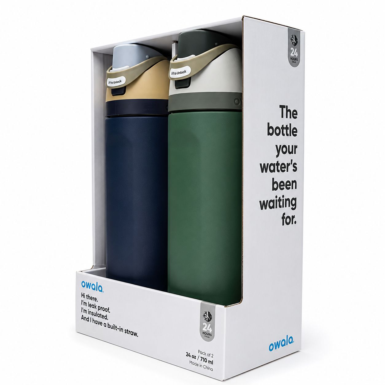 PAQUETE DE 2 TERMO FREESIP DE ACERO INOXIDABLE 710ML AZUL Y VERDE MARCA OWALA