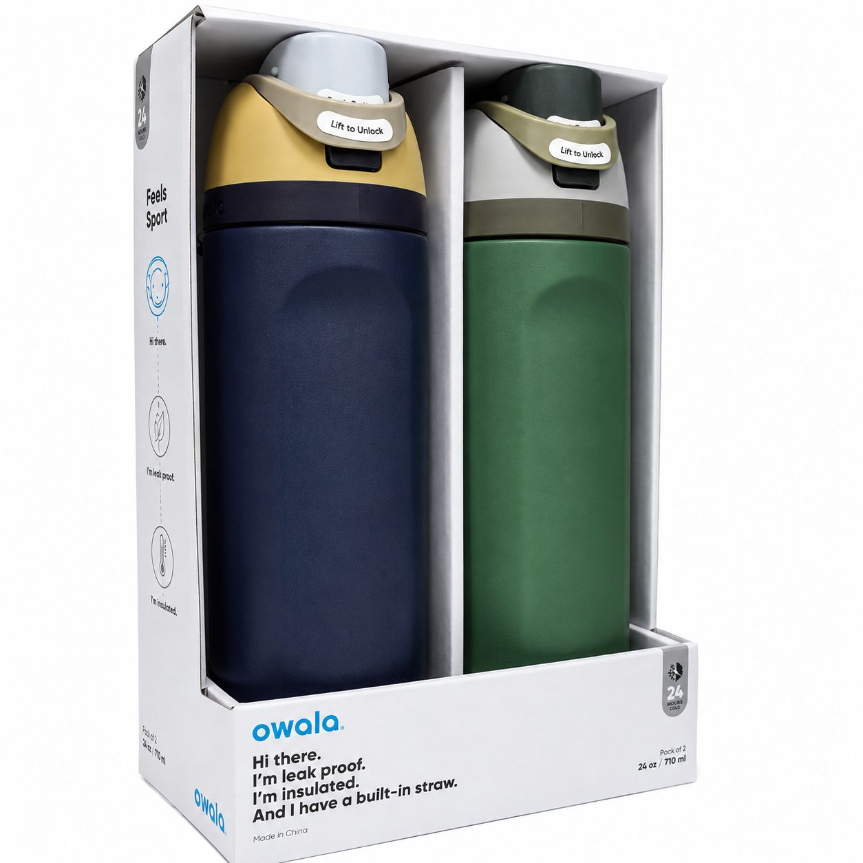 PAQUETE DE 2 TERMO FREESIP DE ACERO INOXIDABLE 710ML AZUL Y VERDE MARCA OWALA