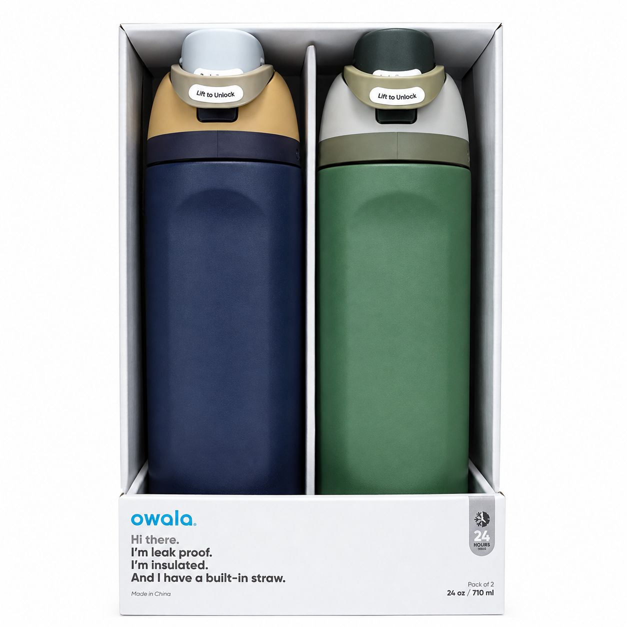 PAQUETE DE 2 TERMO FREESIP DE ACERO INOXIDABLE 710ML AZUL Y VERDE MARCA OWALA