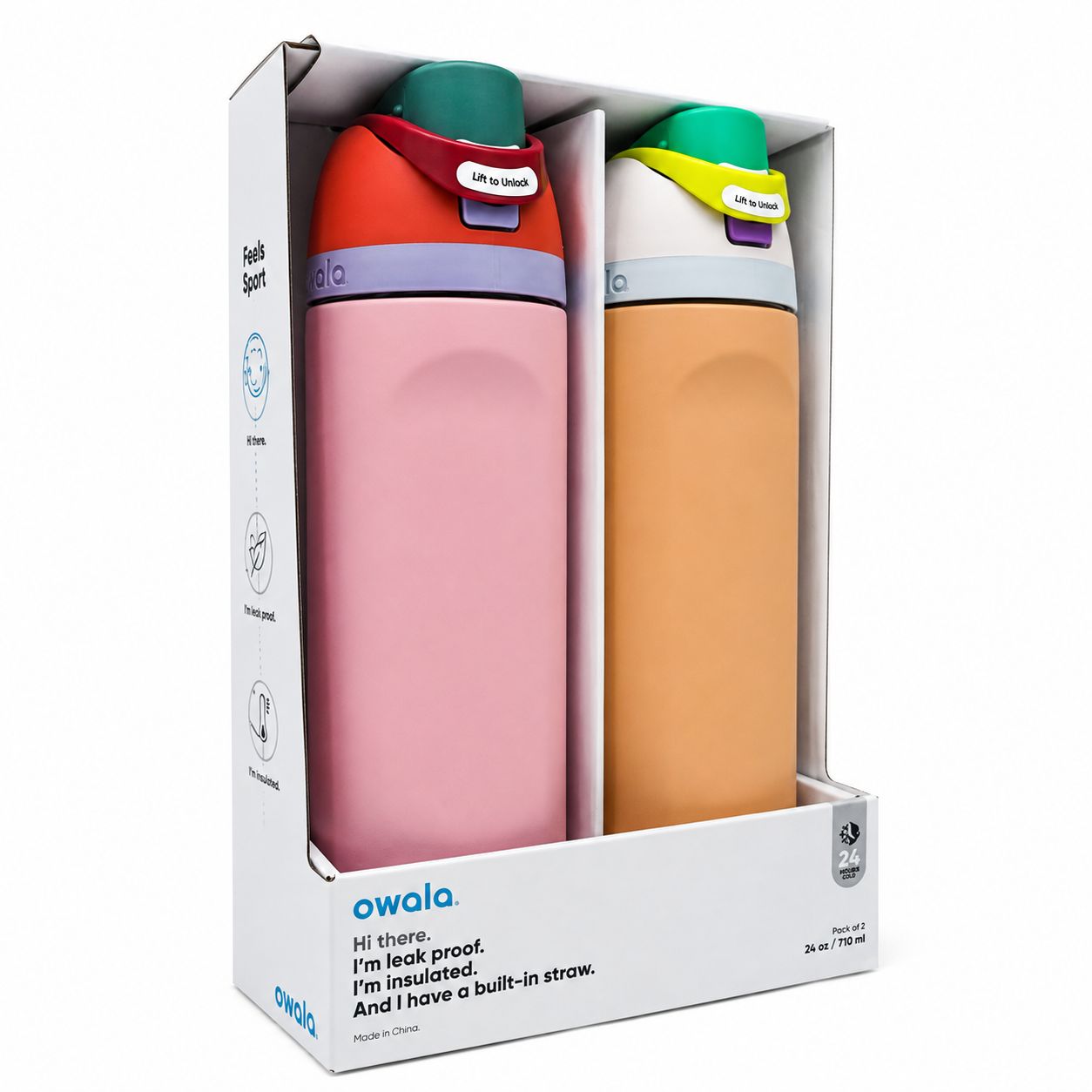 PAQUETE DE 2 TERMO FREESIP DE ACERO INOXIDABLE 710ML ROSA Y MELON MARCA OWALA