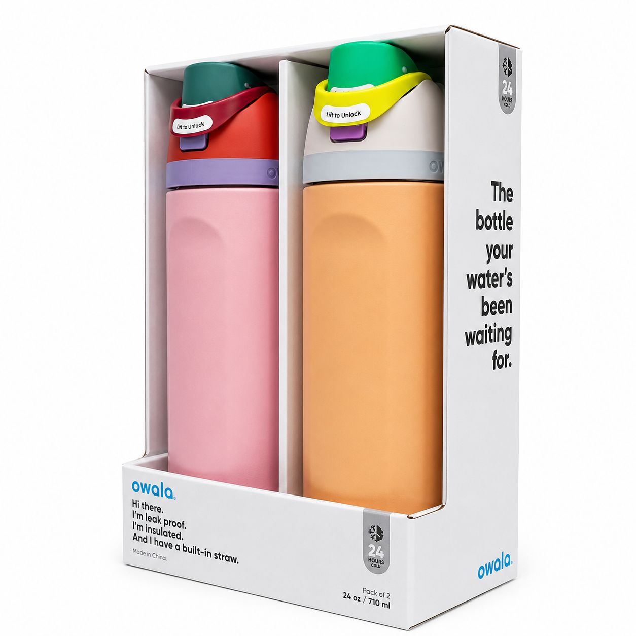 PAQUETE DE 2 TERMO FREESIP DE ACERO INOXIDABLE 710ML ROSA Y MELON MARCA OWALA