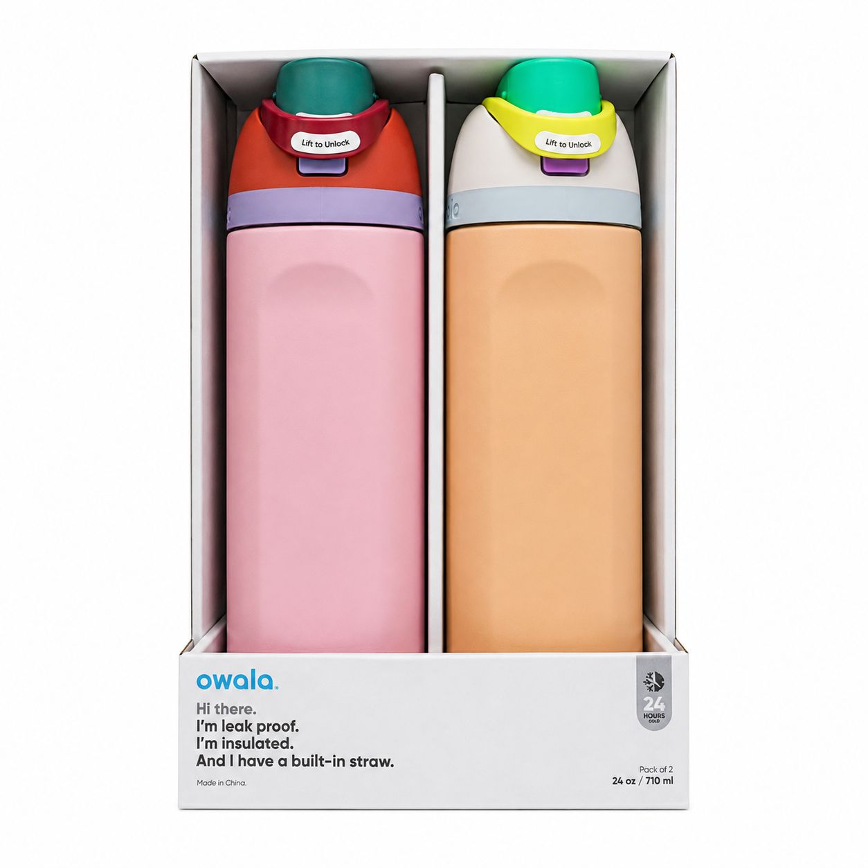 PAQUETE DE 2 TERMO FREESIP DE ACERO INOXIDABLE 710ML ROSA Y MELON MARCA OWALA
